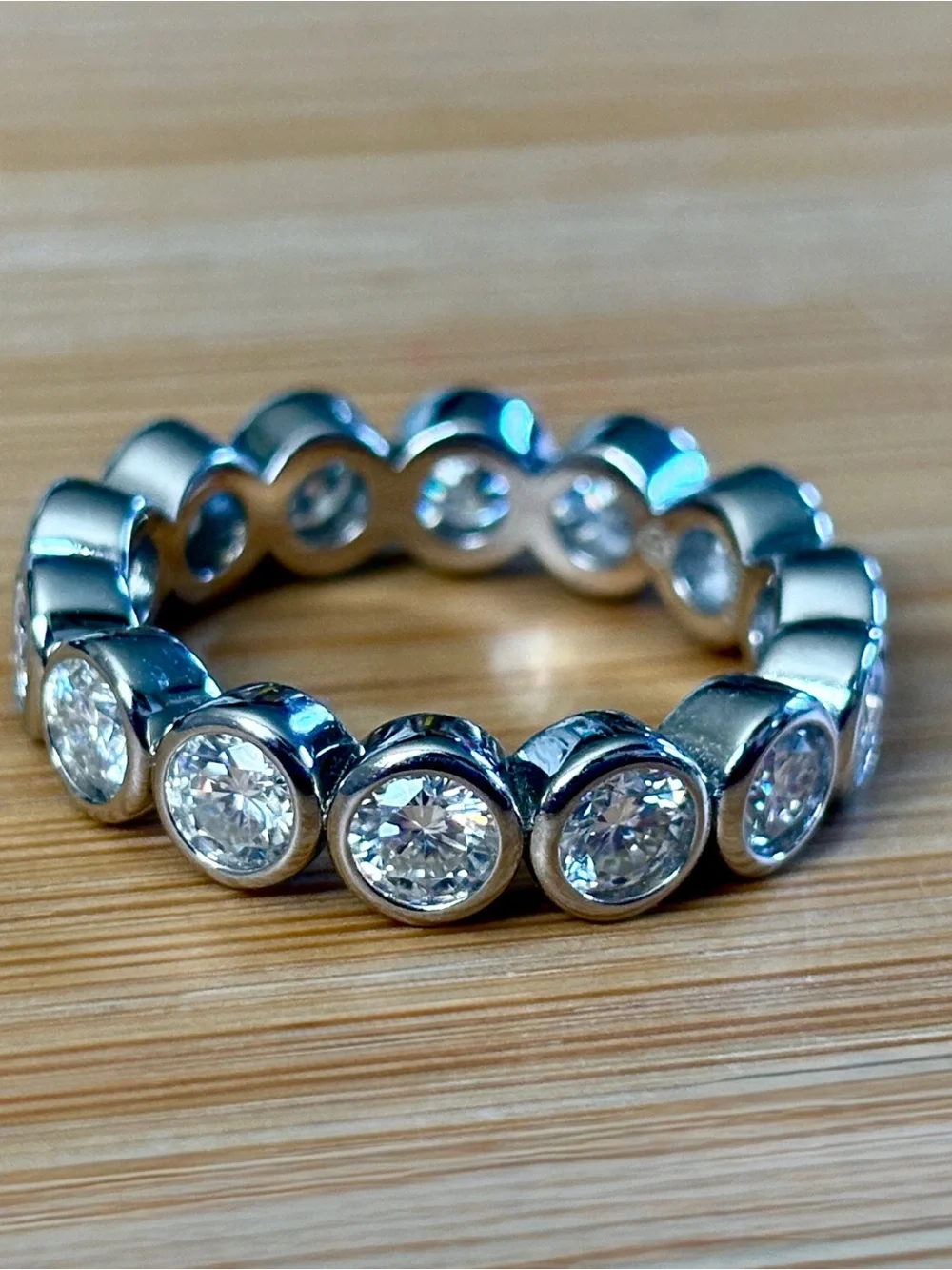 Moissanite eternity ring with .50ct stones in 935 Argentium silver! So sparkly!